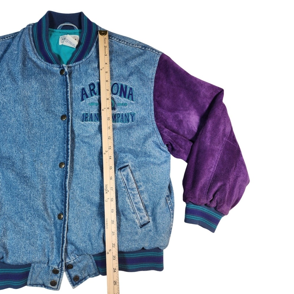 Vintage 90s Arizona Jean Company Denim Suede Bomber Jacket Purple Teal Medium‎ - Picture 10 of 13